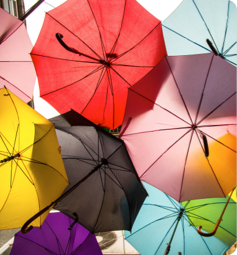 Several colourful umbrellas open