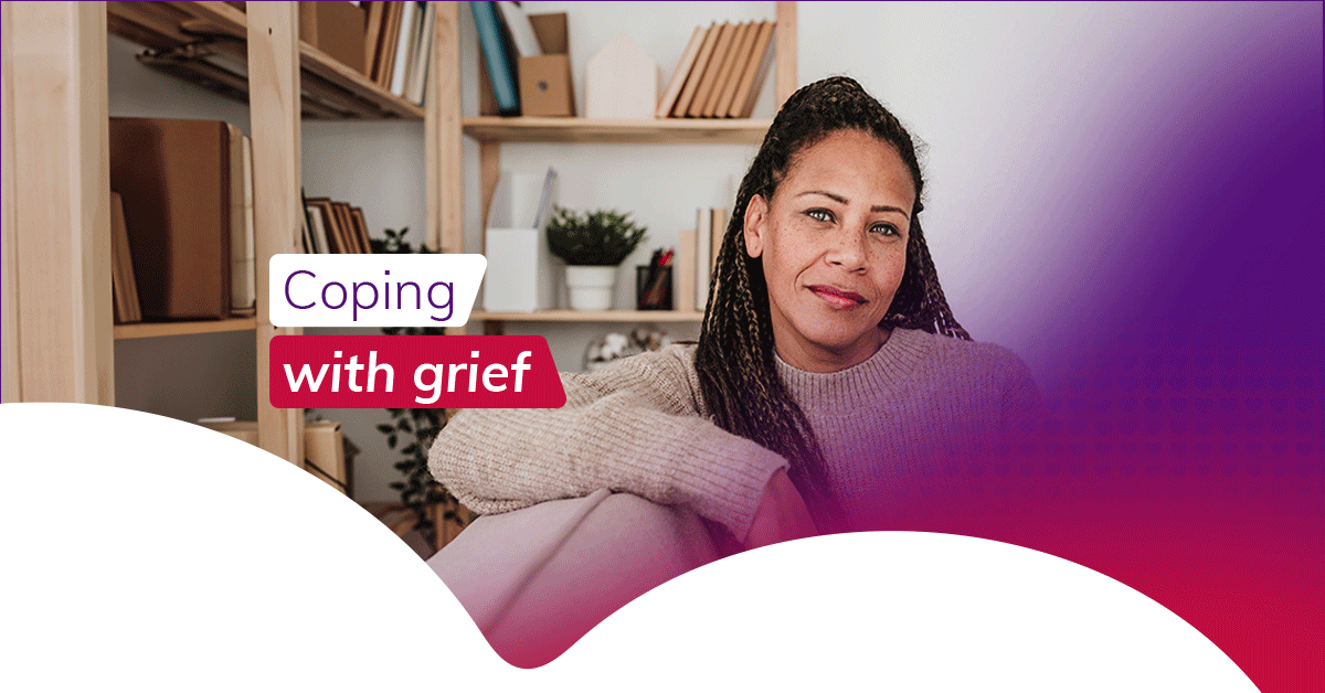 stock image of woman with coping with grief text