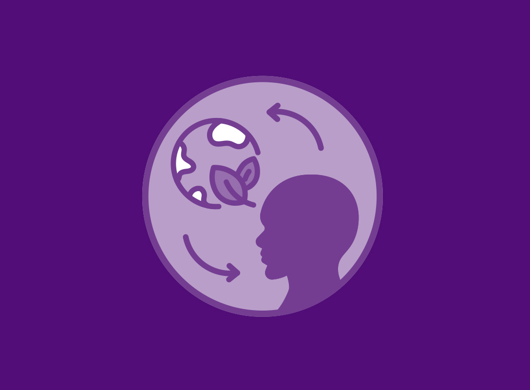 Circle with a person's head and a globe to show environmental impact on wellbeing